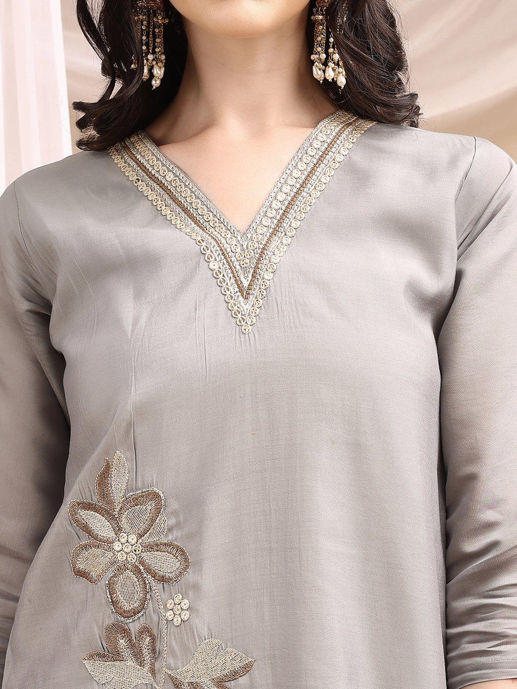 Hand & Thread Placement Embroidered Kurta With Pant & Embroidered Dupatta, Grey - Hiral Fashion - Distacart