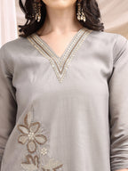 Hand & Thread Placement Embroidered Kurta With Pant & Embroidered Dupatta, Grey - Hiral Fashion - Distacart