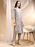 Hand & Thread Placement Embroidered Kurta With Pant & Embroidered Dupatta, Grey - Hiral Fashion - Distacart