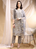 Hand & Thread Placement Embroidered Kurta With Pant & Embroidered Dupatta, Grey - Hiral Fashion - Distacart