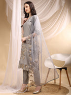 Hand & Thread Placement Embroidered Kurta With Pant & Embroidered Dupatta, Grey - Hiral Fashion - Distacart