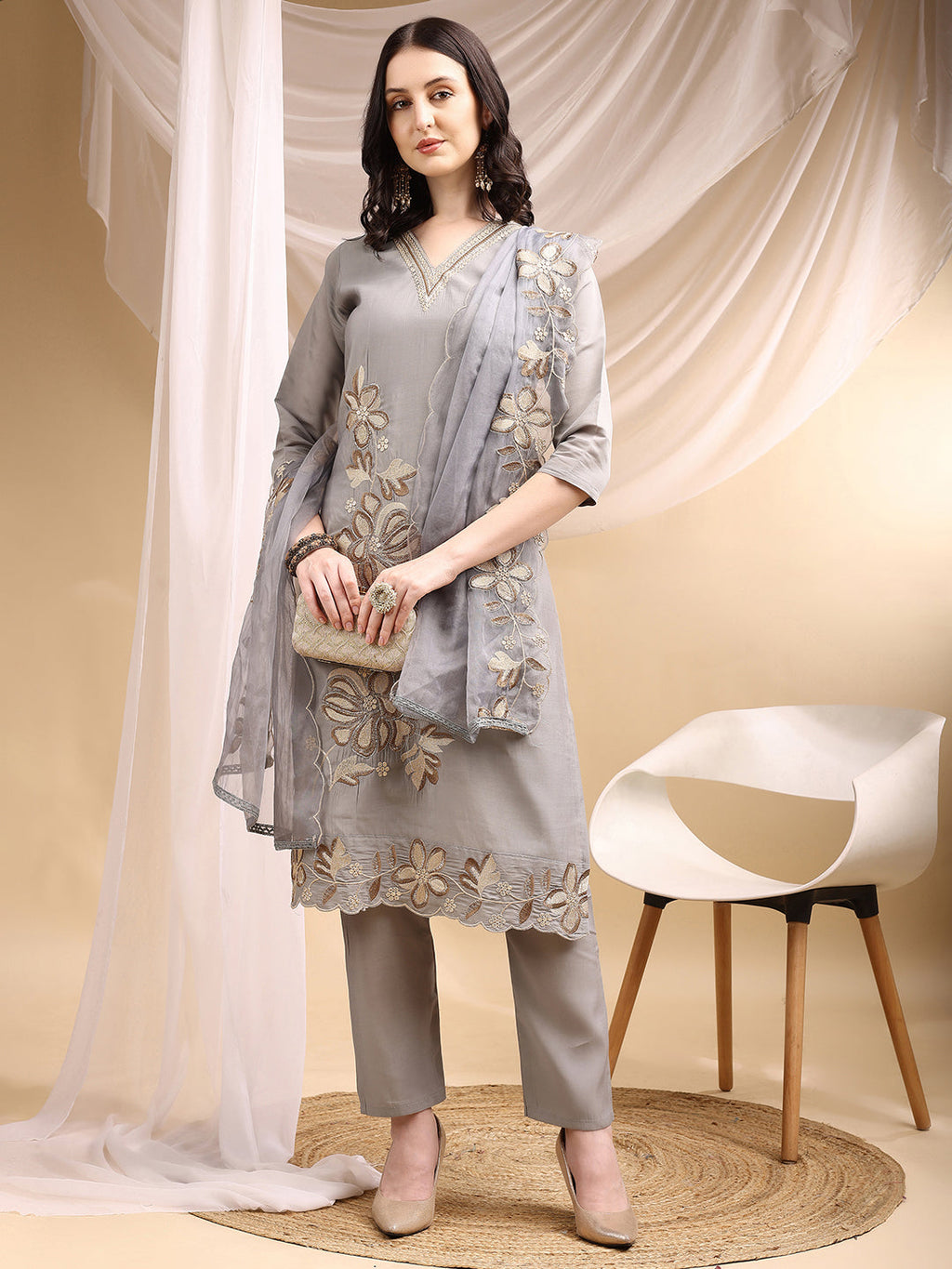 Hand & Thread Placement Embroidered Kurta With Pant & Embroidered Dupatta, Grey - Hiral Fashion - Distacart