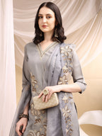 Hand & Thread Placement Embroidered Kurta With Pant & Embroidered Dupatta, Grey - Hiral Fashion - Distacart