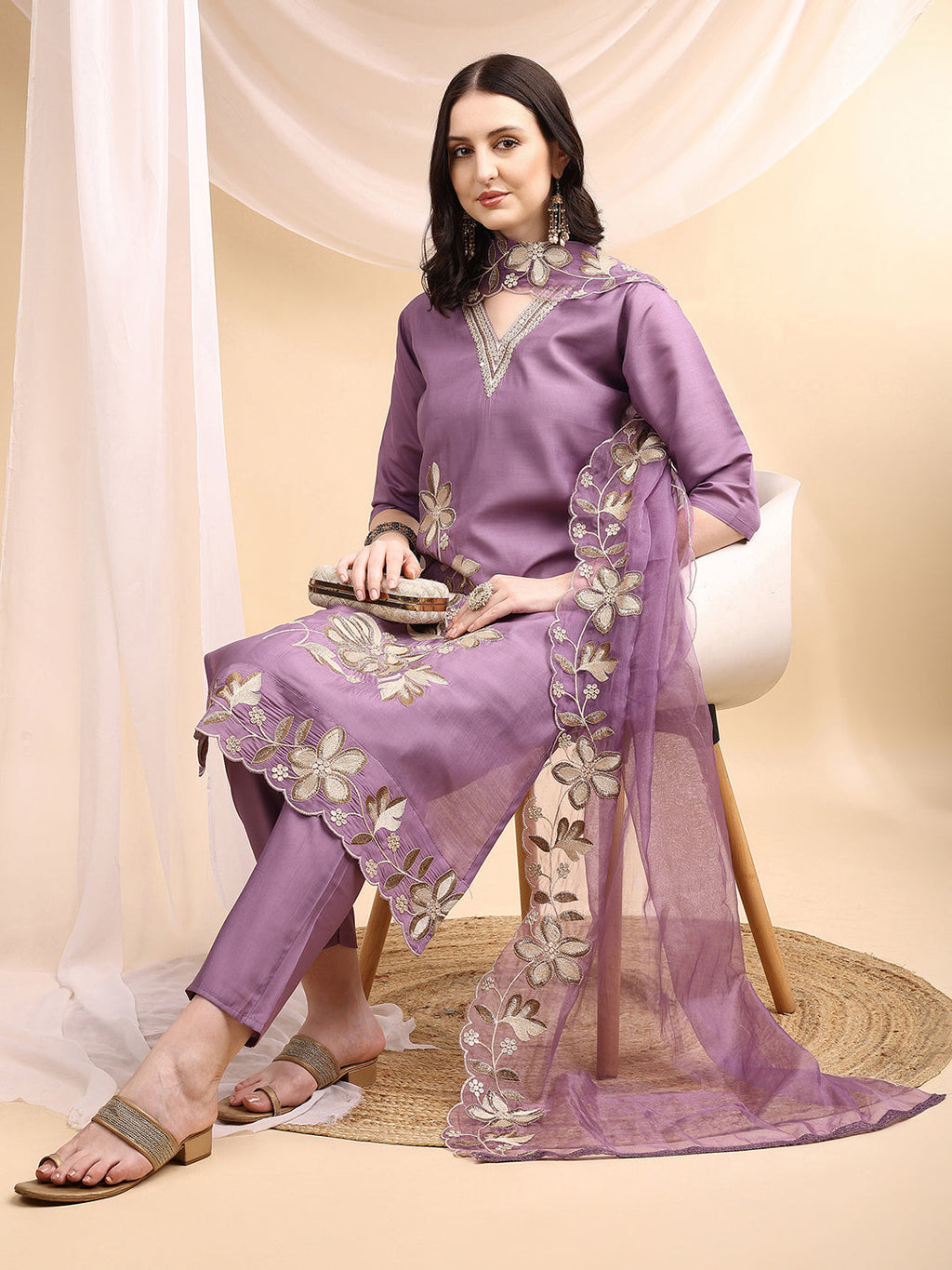 Hand & Thread Placement Embroidered Kurta With Pant & Embroidered Dupatta, Lavender - Hiral Fashion - Distacart