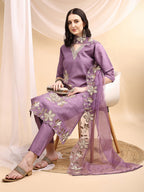 Hand & Thread Placement Embroidered Kurta With Pant & Embroidered Dupatta, Lavender - Hiral Fashion - Distacart