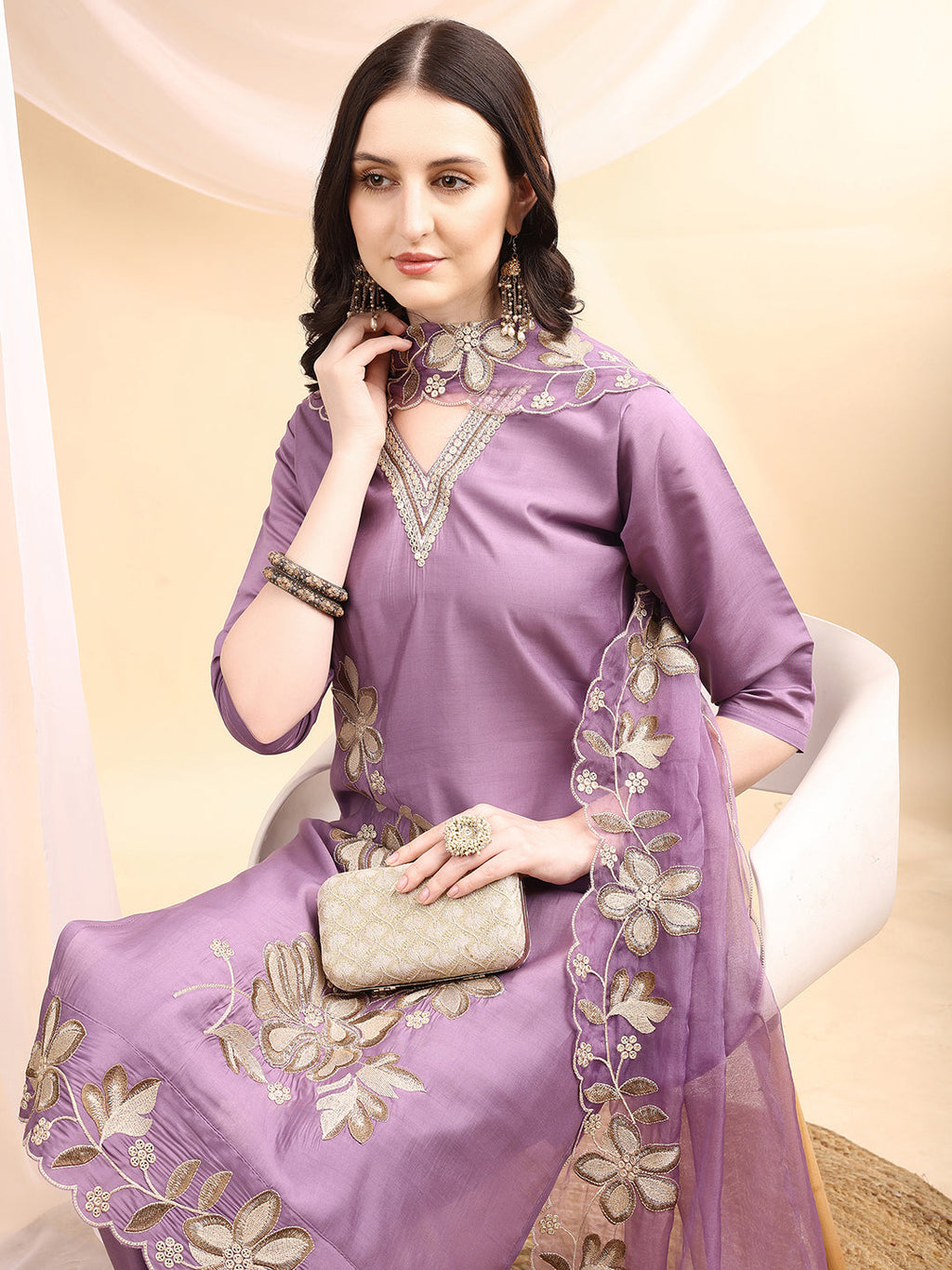Hand & Thread Placement Embroidered Kurta With Pant & Embroidered Dupatta, Lavender - Hiral Fashion - Distacart