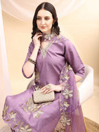 Hand & Thread Placement Embroidered Kurta With Pant & Embroidered Dupatta, Lavender - Hiral Fashion - Distacart
