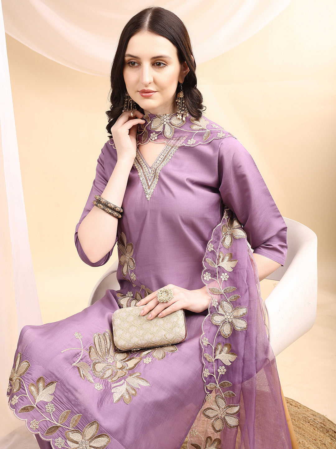 Hand & Thread Placement Embroidered Kurta With Pant & Embroidered Dupatta, Lavender - Hiral Fashion - Distacart