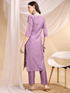 Hand & Thread Placement Embroidered Kurta With Pant & Embroidered Dupatta, Lavender - Hiral Fashion - Distacart