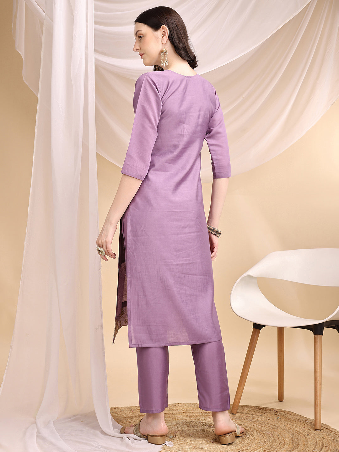 Hand & Thread Placement Embroidered Kurta With Pant & Embroidered Dupatta, Lavender - Hiral Fashion - Distacart