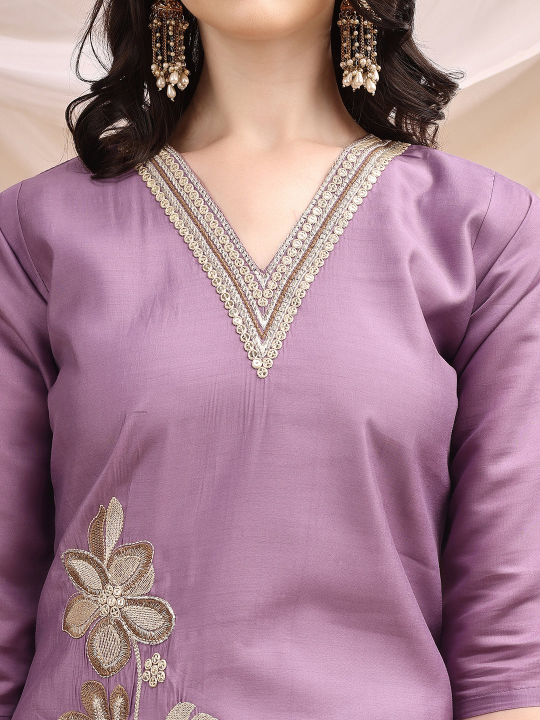 Hand & Thread Placement Embroidered Kurta With Pant & Embroidered Dupatta, Lavender - Hiral Fashion - Distacart