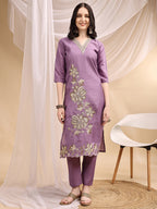 Hand & Thread Placement Embroidered Kurta With Pant & Embroidered Dupatta, Lavender - Hiral Fashion - Distacart
