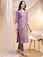Hand & Thread Placement Embroidered Kurta With Pant & Embroidered Dupatta, Lavender - Hiral Fashion - Distacart