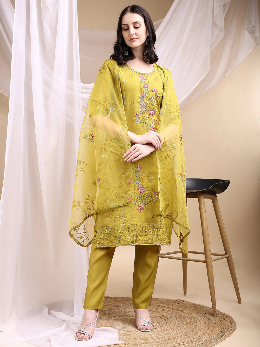 Hand Embroidered Kurta With Pant & Embroidered Dupatta, Mustard - Hiral Fashion - Distacart