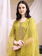 Hand Embroidered Kurta With Pant & Embroidered Dupatta, Mustard - Hiral Fashion - Distacart