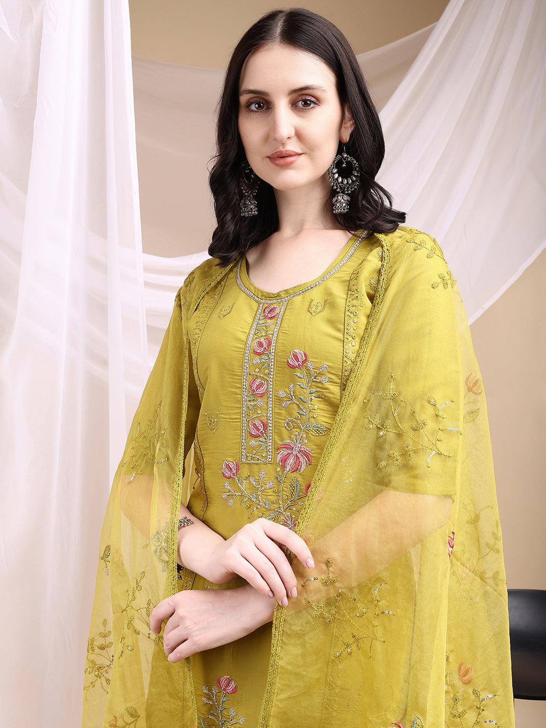 Hand Embroidered Kurta With Pant & Embroidered Dupatta, Mustard - Hiral Fashion - Distacart