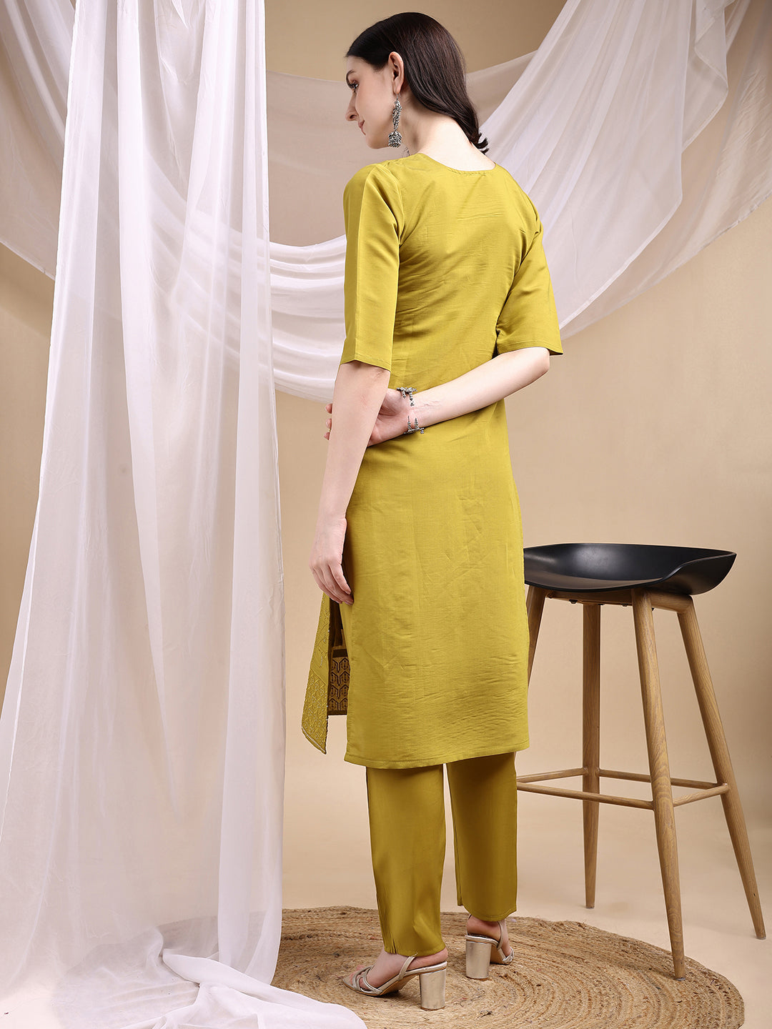 Hand Embroidered Kurta With Pant & Embroidered Dupatta, Mustard - Hiral Fashion - Distacart