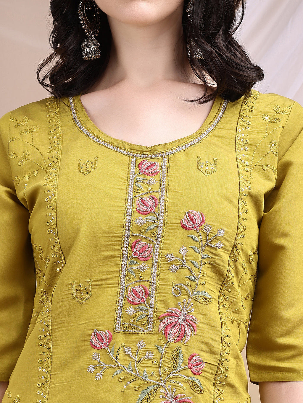Hand Embroidered Kurta With Pant & Embroidered Dupatta, Mustard - Hiral Fashion - Distacart