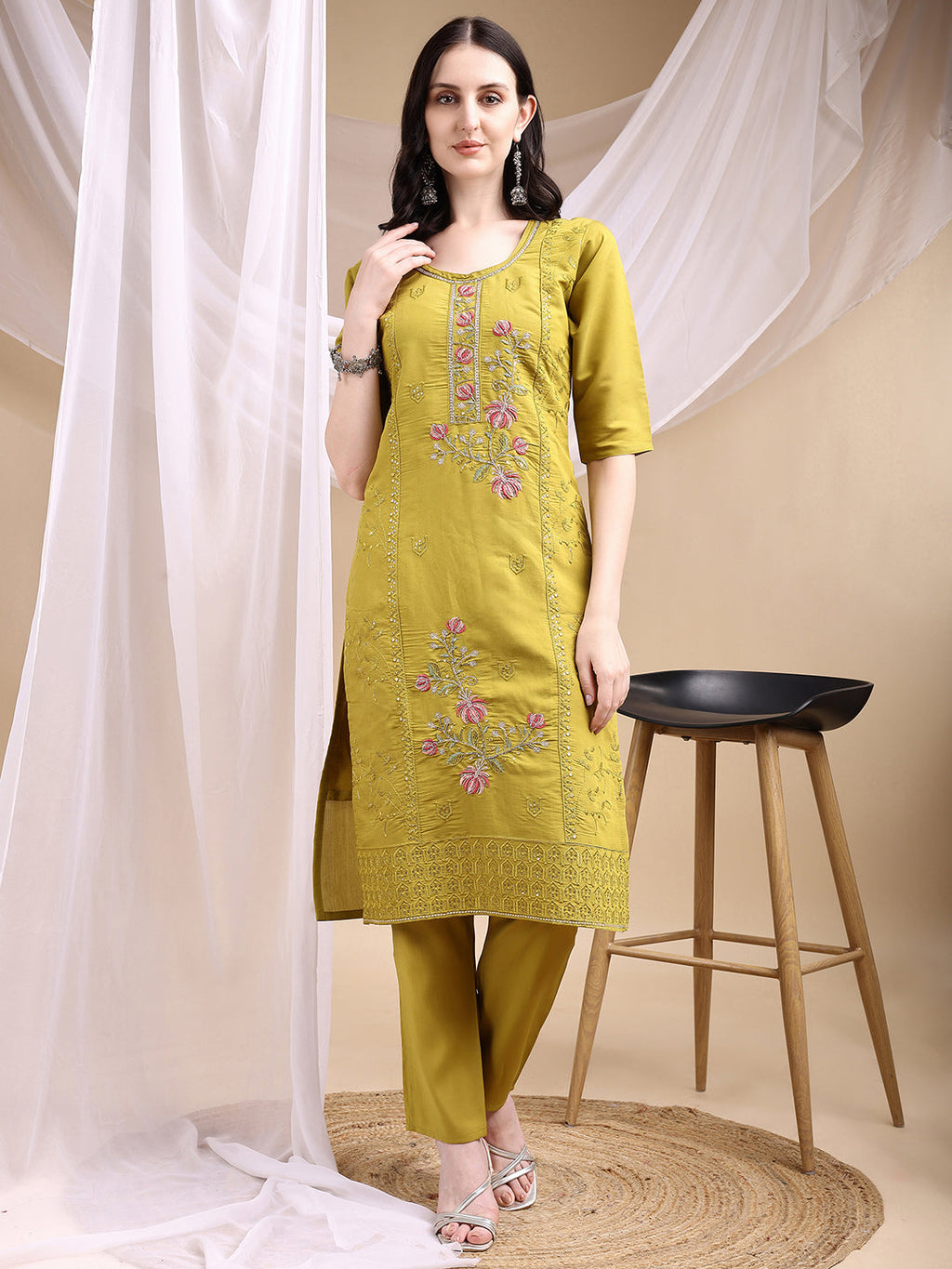 Hand Embroidered Kurta With Pant & Embroidered Dupatta, Mustard - Hiral Fashion - Distacart