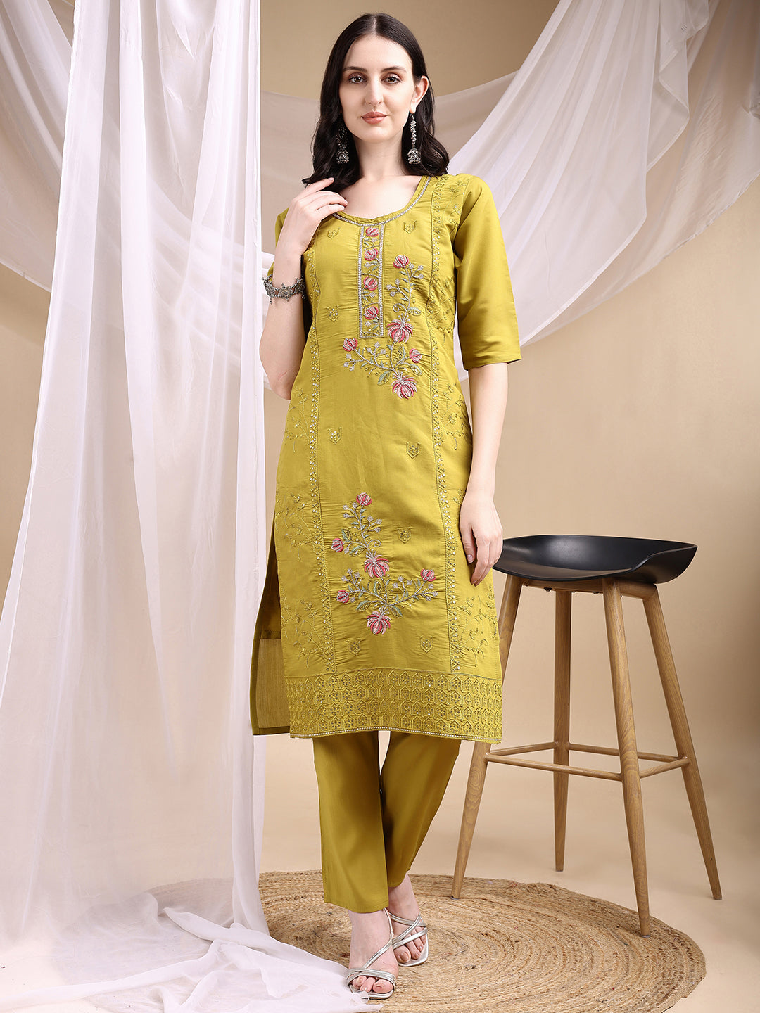 Hand Embroidered Kurta With Pant & Embroidered Dupatta, Mustard - Hiral Fashion - Distacart
