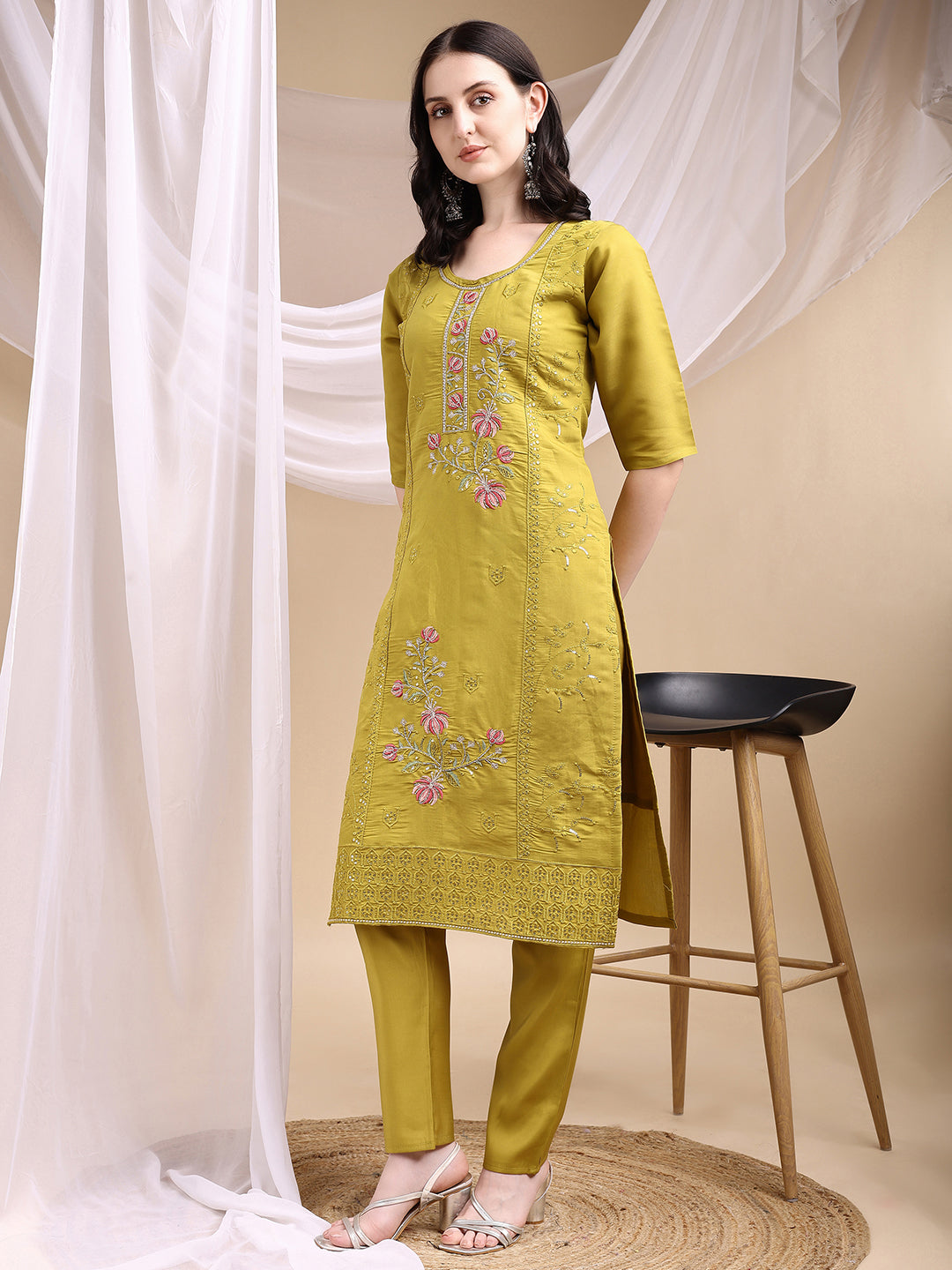 Hand Embroidered Kurta With Pant & Embroidered Dupatta, Mustard - Hiral Fashion - Distacart