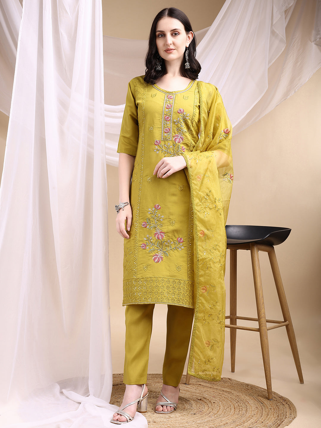 Hand Embroidered Kurta With Pant & Embroidered Dupatta, Mustard - Hiral Fashion - Distacart