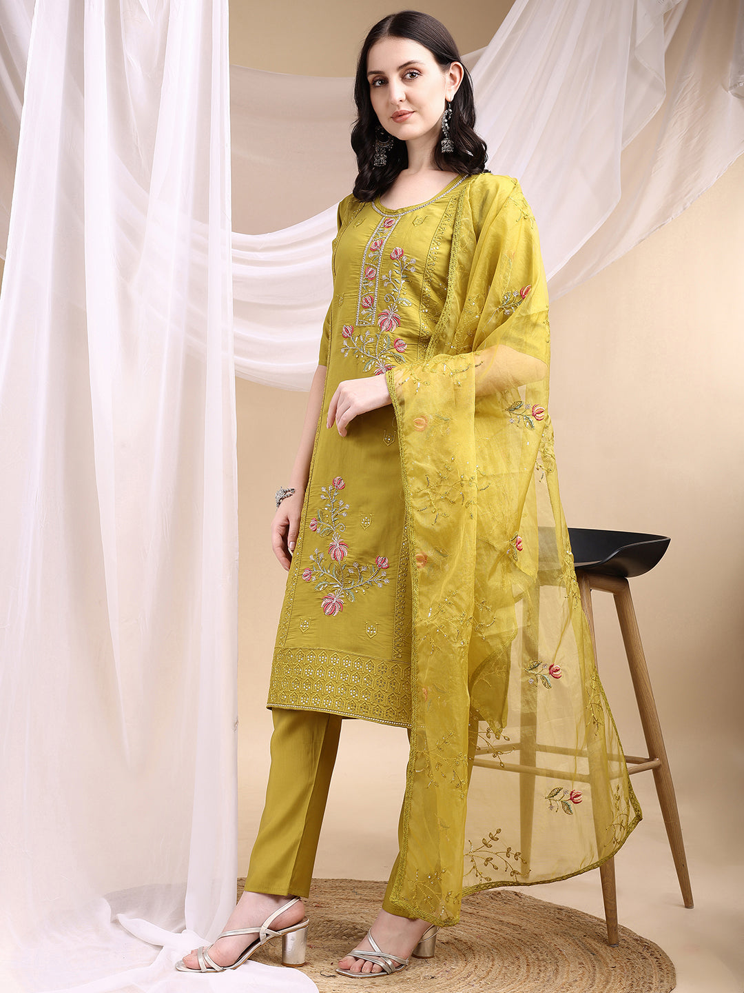Hand Embroidered Kurta With Pant & Embroidered Dupatta, Mustard - Hiral Fashion - Distacart