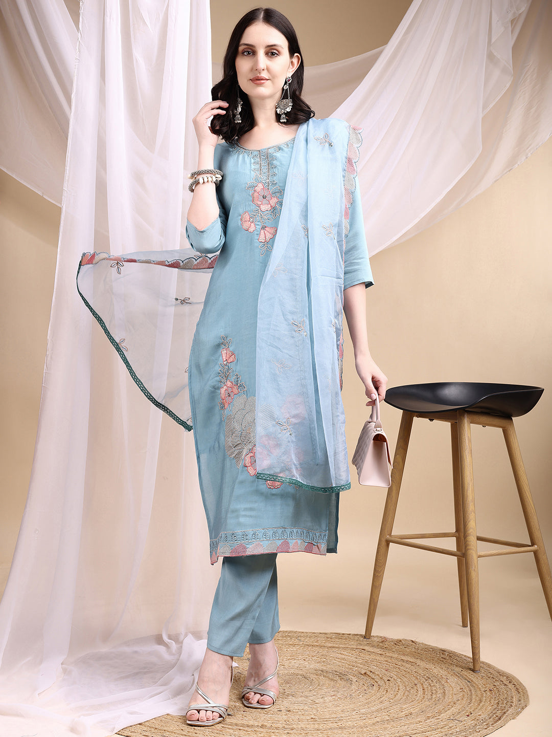 Hand Embroidered Kurta With Pant & Embroidered Dupatta, Turquoise - Hiral Fashion - Distacart