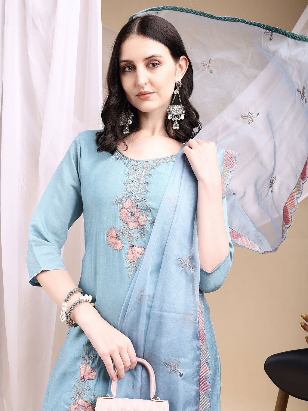 Hand Embroidered Kurta With Pant & Embroidered Dupatta, Turquoise - Hiral Fashion - Distacart
