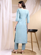 Hand Embroidered Kurta With Pant & Embroidered Dupatta, Turquoise - Hiral Fashion - Distacart
