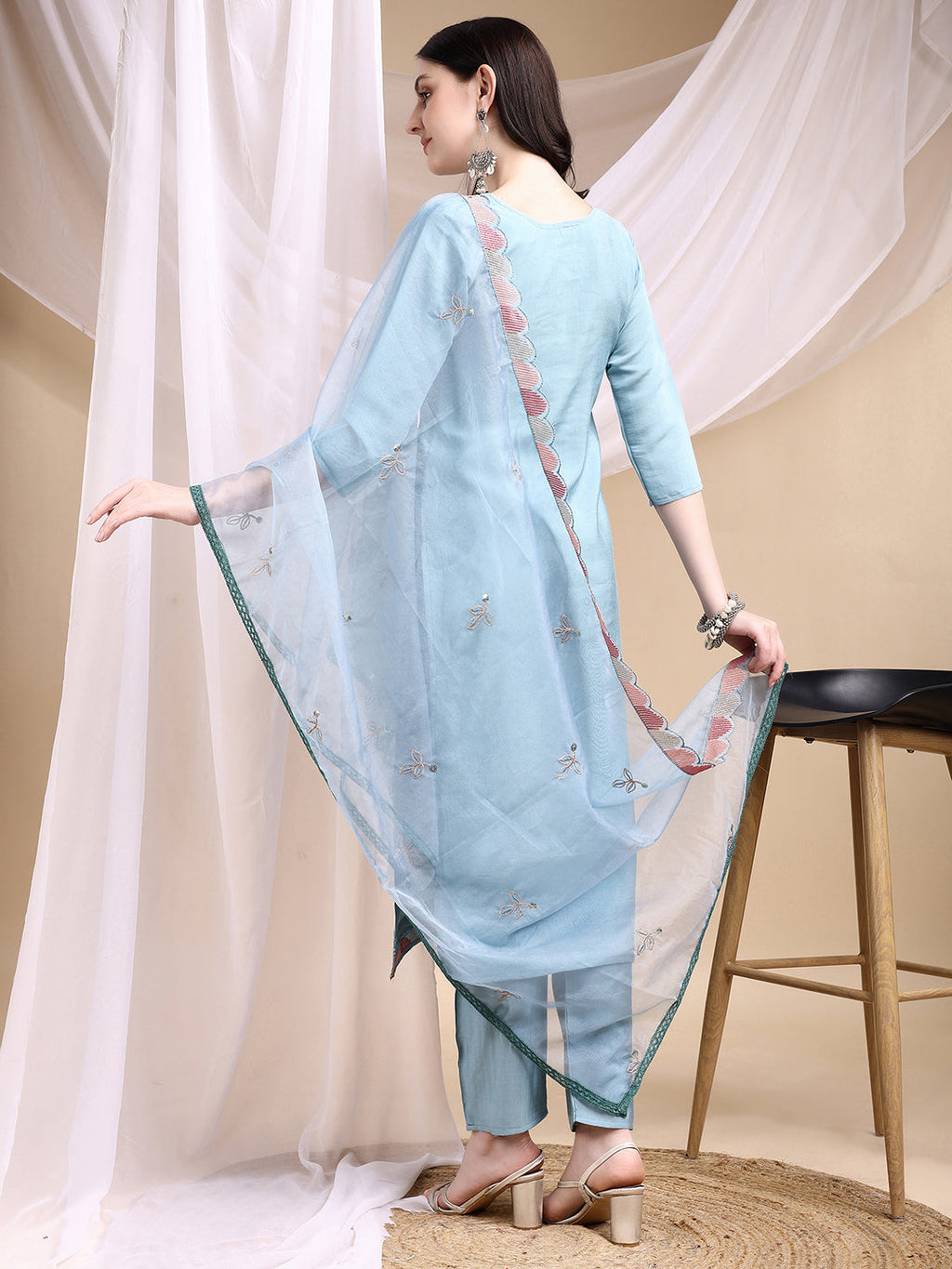 Hand Embroidered Kurta With Pant & Embroidered Dupatta, Turquoise - Hiral Fashion - Distacart