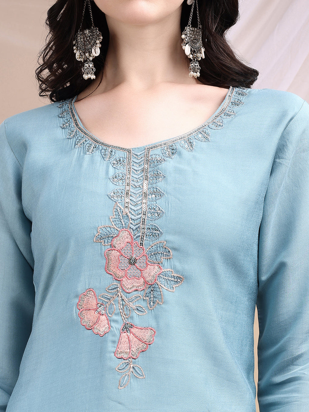Hand Embroidered Kurta With Pant & Embroidered Dupatta, Turquoise - Hiral Fashion - Distacart