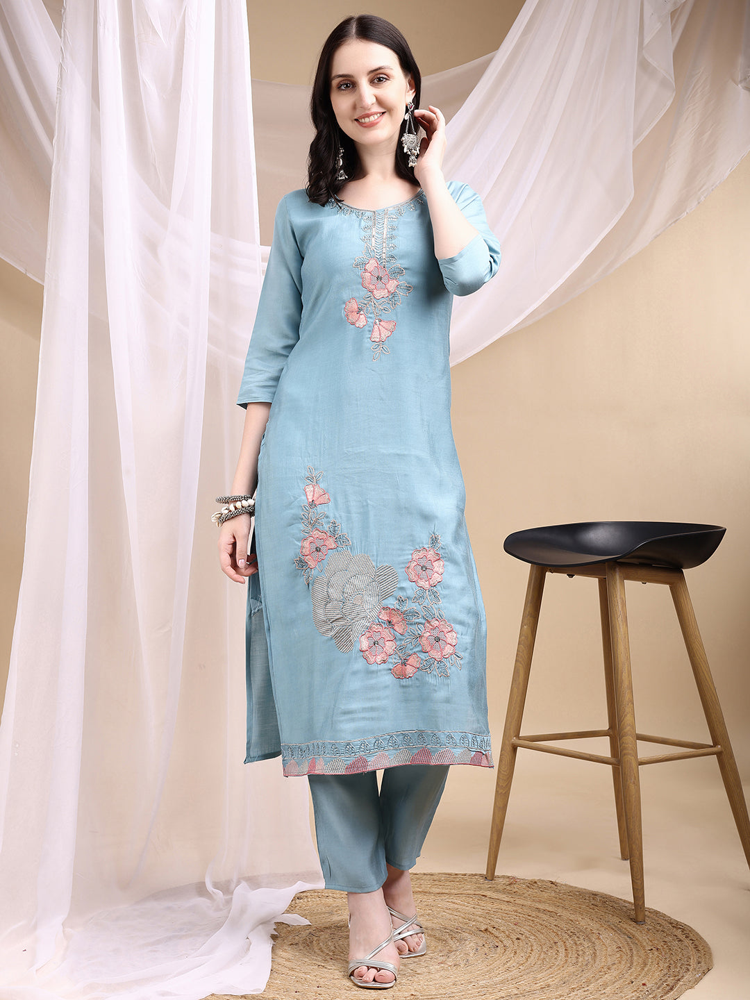 Hand Embroidered Kurta With Pant & Embroidered Dupatta, Turquoise - Hiral Fashion - Distacart