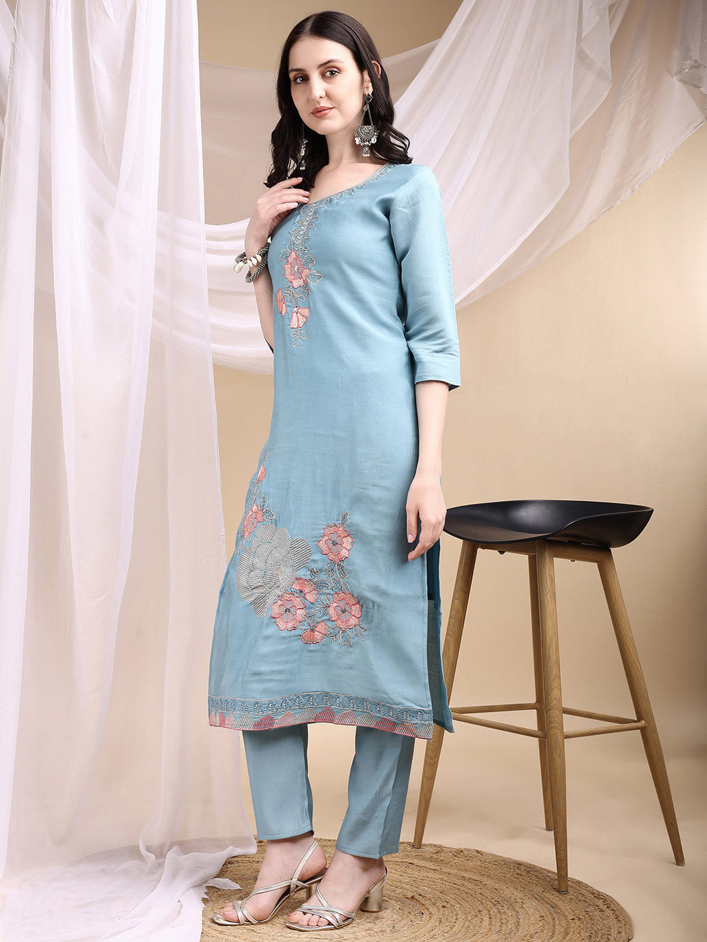 Hand Embroidered Kurta With Pant & Embroidered Dupatta, Turquoise - Hiral Fashion - Distacart