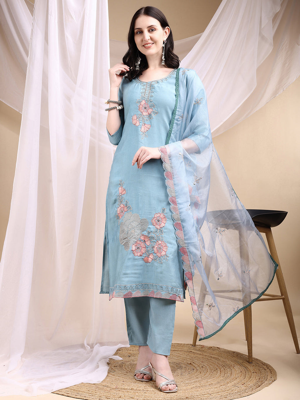 Hand Embroidered Kurta With Pant & Embroidered Dupatta, Turquoise - Hiral Fashion - Distacart