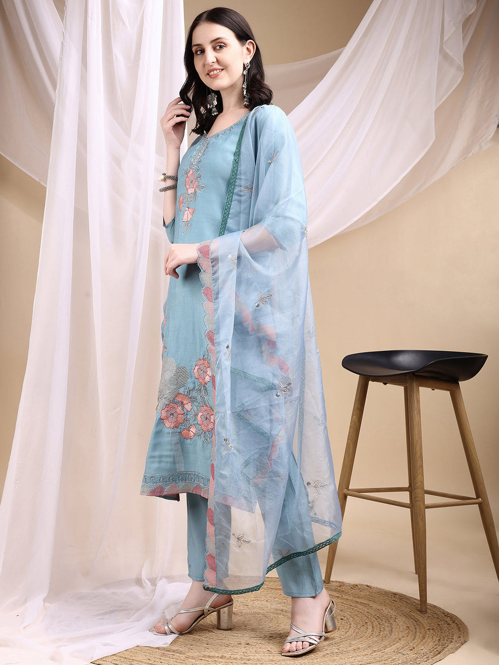 Hand Embroidered Kurta With Pant & Embroidered Dupatta, Turquoise - Hiral Fashion - Distacart