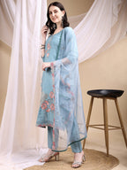 Hand Embroidered Kurta With Pant & Embroidered Dupatta, Turquoise - Hiral Fashion - Distacart