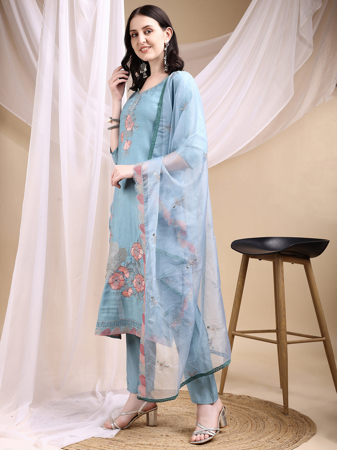 Hand Embroidered Kurta With Pant & Embroidered Dupatta, Turquoise - Hiral Fashion - Distacart