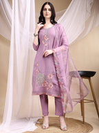 Hand Embroidered Kurta With Pant & Embroidered Dupatta, Lavender - Hiral Fashion - Distacart