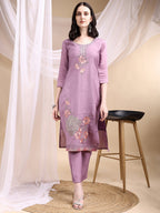 Hand Embroidered Kurta With Pant & Embroidered Dupatta, Lavender - Hiral Fashion - Distacart