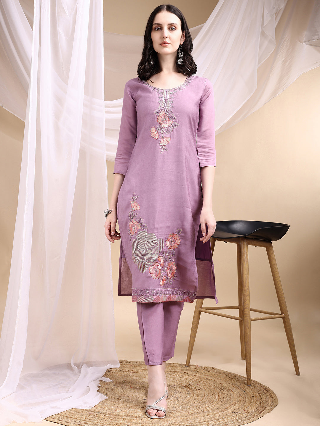 Hand Embroidered Kurta With Pant & Embroidered Dupatta, Lavender - Hiral Fashion - Distacart