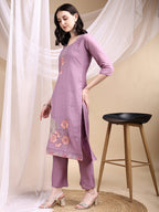 Hand Embroidered Kurta With Pant & Embroidered Dupatta, Lavender - Hiral Fashion - Distacart