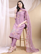 Hand Embroidered Kurta With Pant & Embroidered Dupatta, Lavender - Hiral Fashion - Distacart