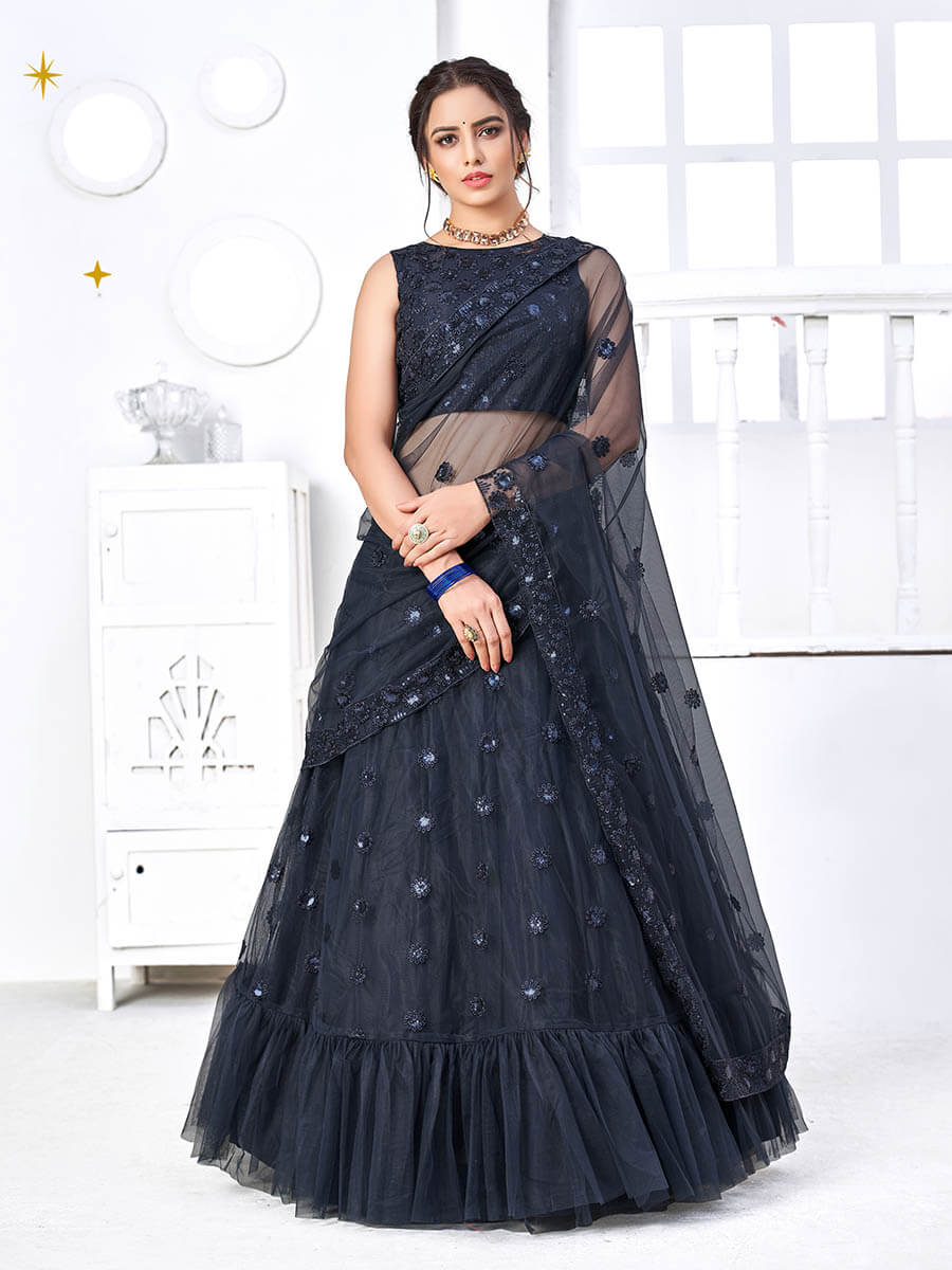 Myra Navy Blue Net Embroidered Designer Lehenga