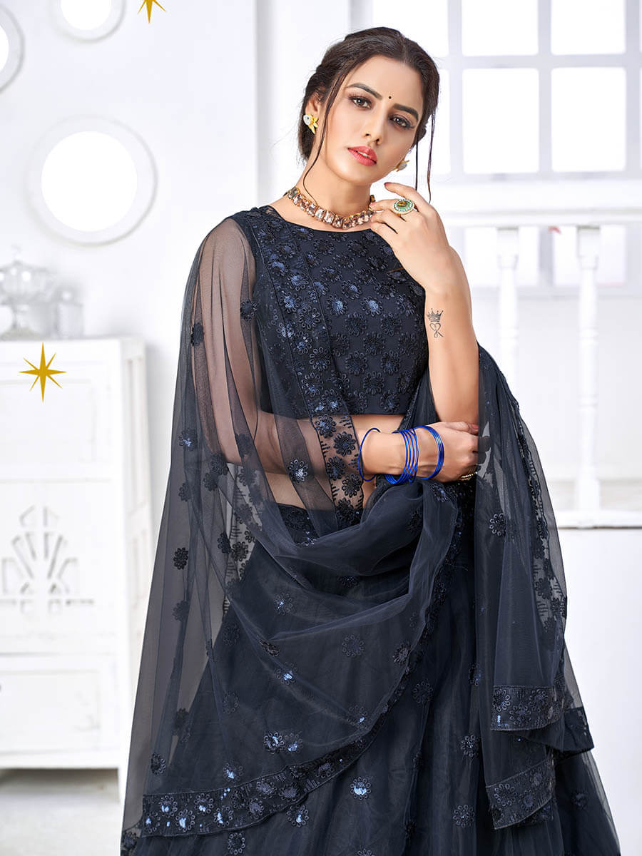 Myra Navy Blue Net Embroidered Designer Lehenga