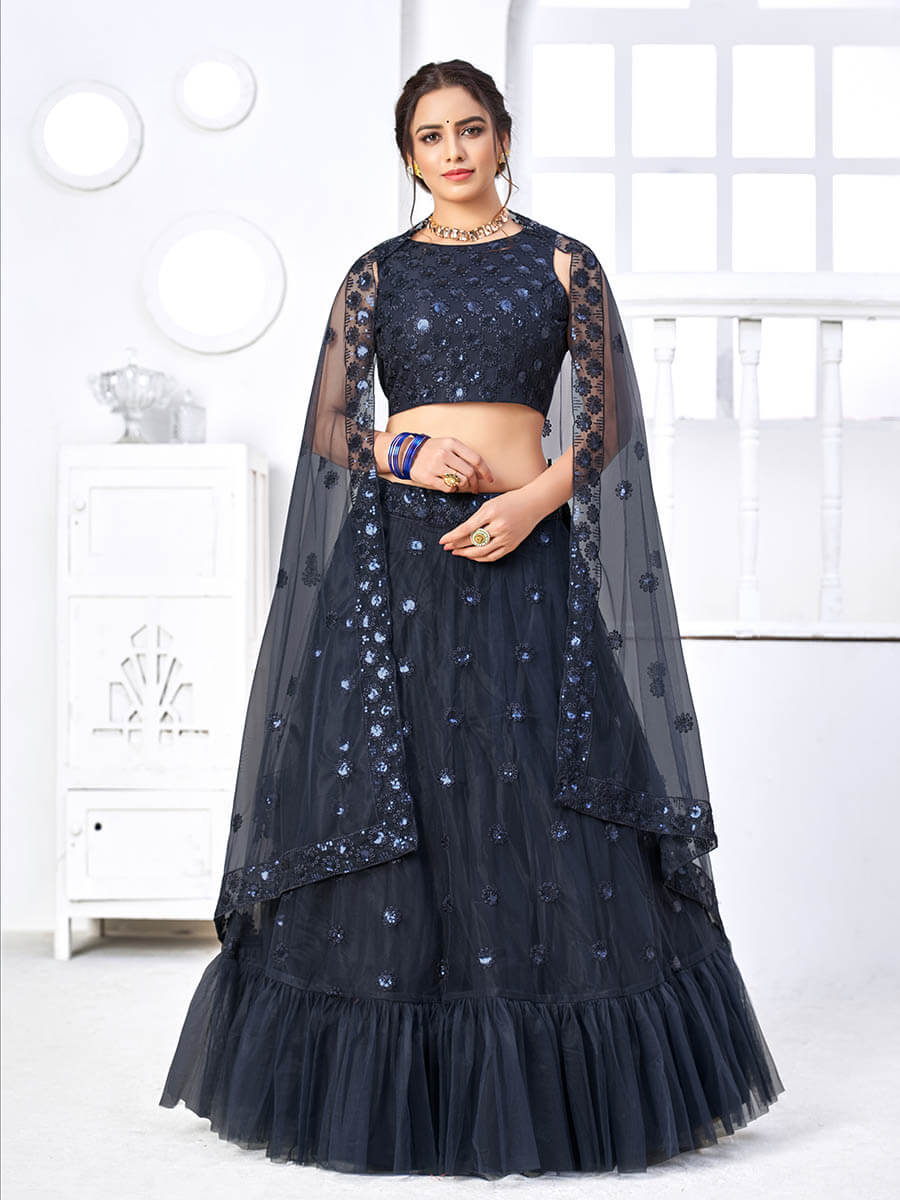 Myra Navy Blue Net Embroidered Designer Lehenga