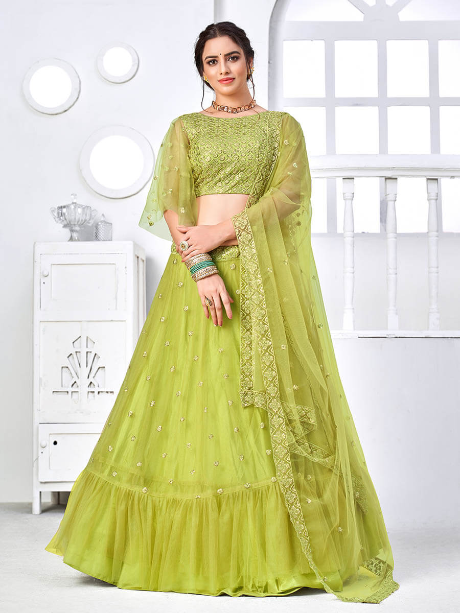 Myra Flurorescent Green Net Embroidered Designer Lehenga