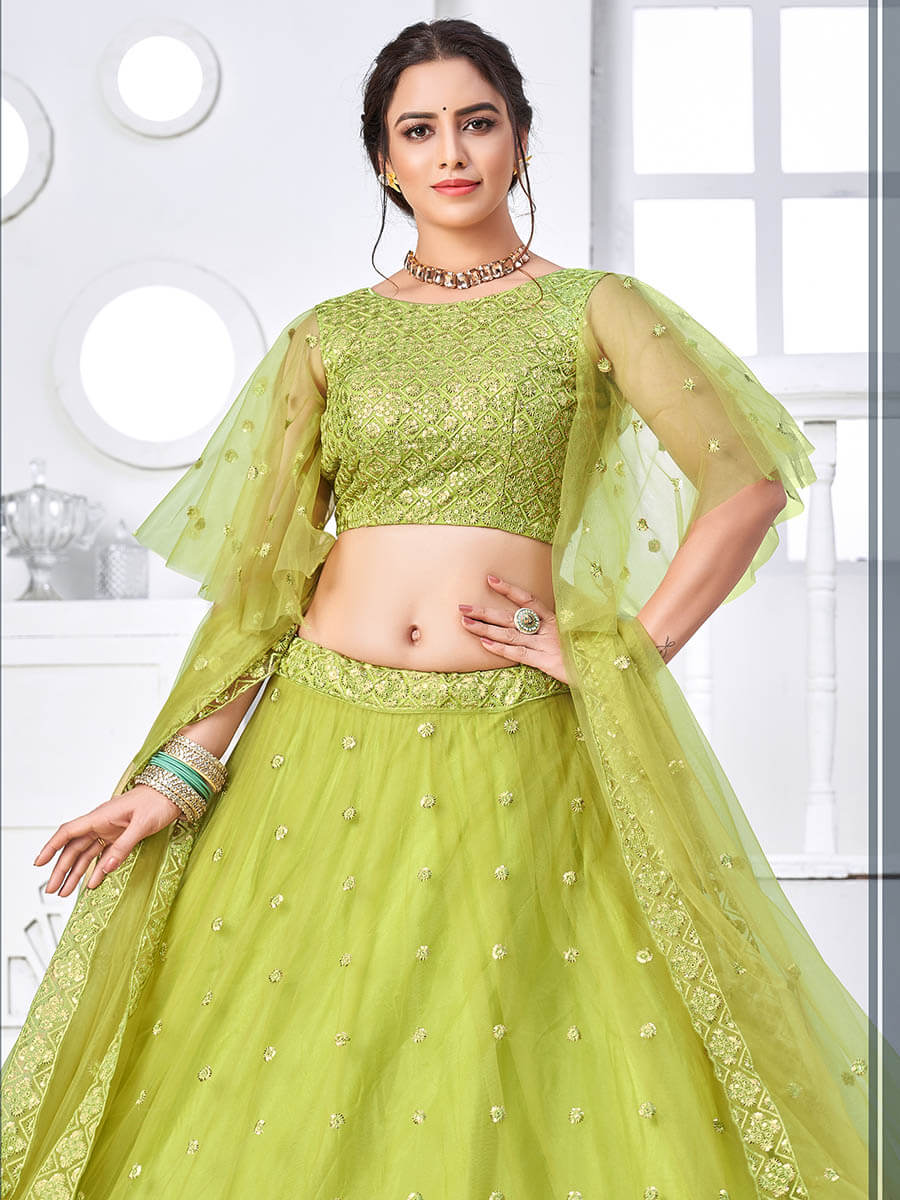 Myra Flurorescent Green Net Embroidered Designer Lehenga