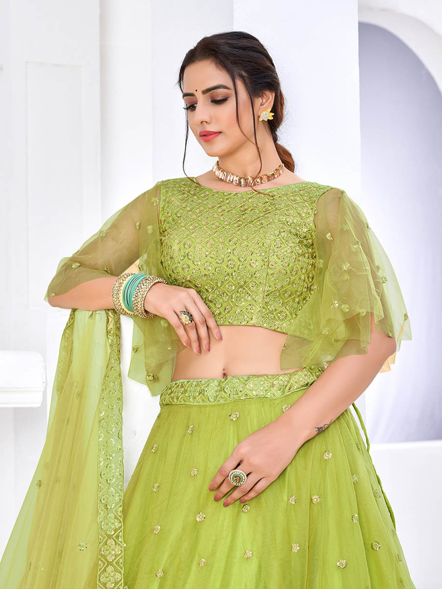 Myra Flurorescent Green Net Embroidered Designer Lehenga