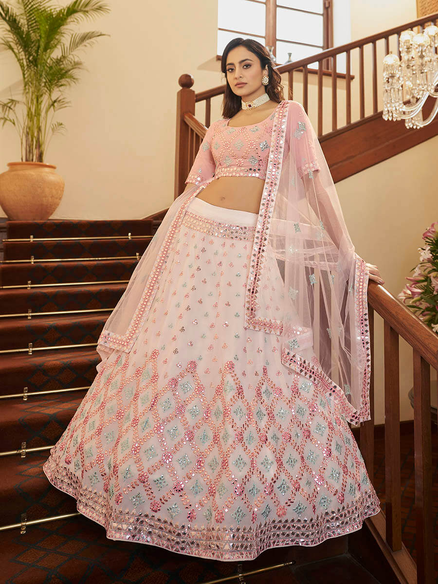 Myra Pearl White and Pink Georgette Embroidered Party Wear Lehenga